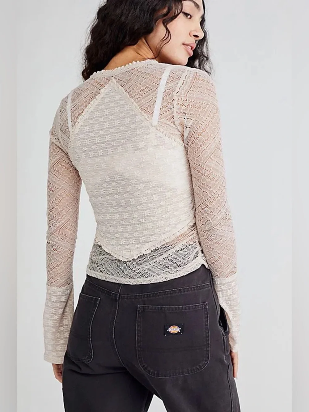 Free People lace long sleeve My Party Top Salt ruffle square neck cropped sheer